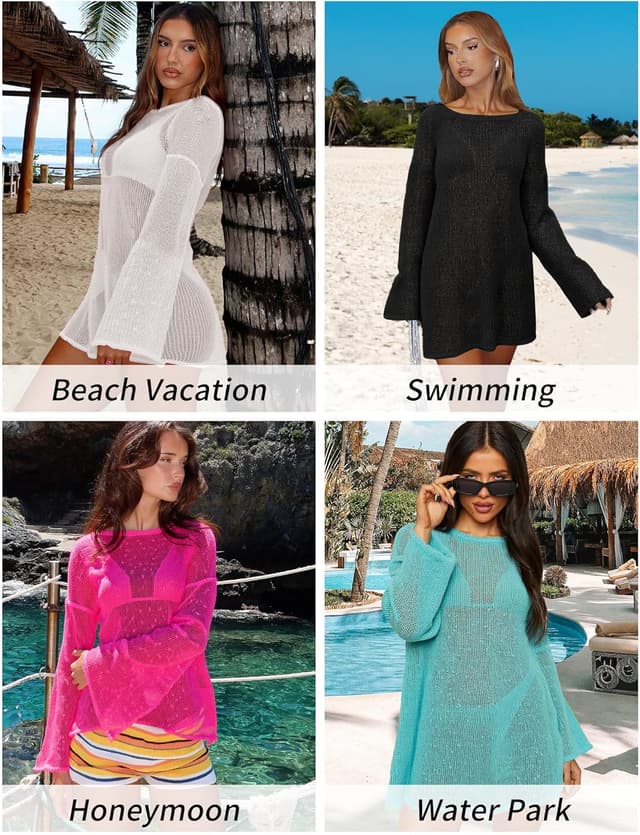 Detalle de Gleeneat Crochet Swimsuit Cover-Up for Women (Boat Neck, Sheer Crochet Caftan Dress)