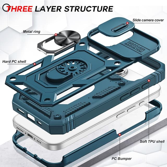 Detalle 2 de LeYi iPhone 16 case with sliding camera cover, ring stand & 2-pack tempered glass (blue) – shockproof protection