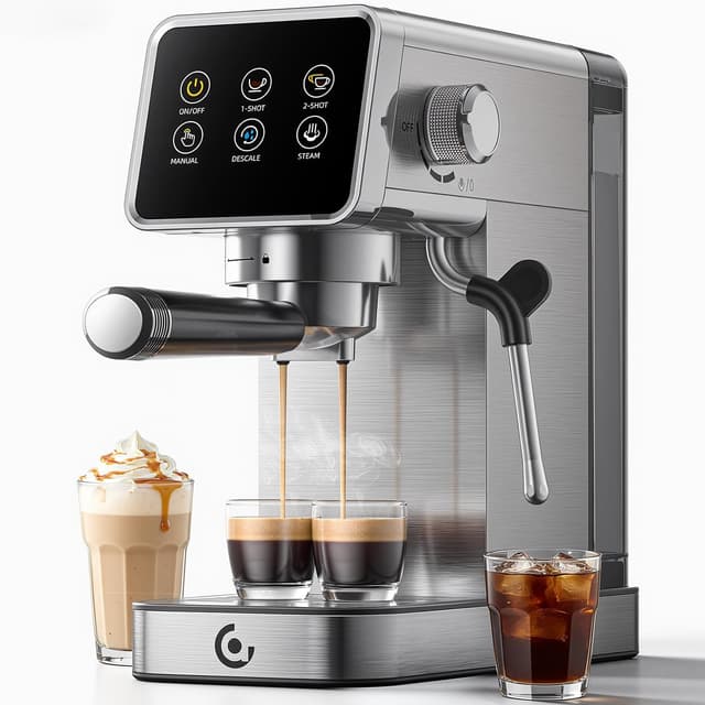 Detalle de AMZCHEF espresso coffee machine with 20 bar pressure, milk frother, self-cleaning and memory function