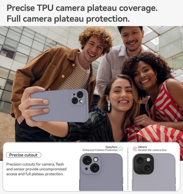 Detalle de Qasyfanc Silicone Case for iPhone 15 (Grey) with 2 Tempered Glass Screen Protectors — Ultra-slim liquid TPU full-body cover