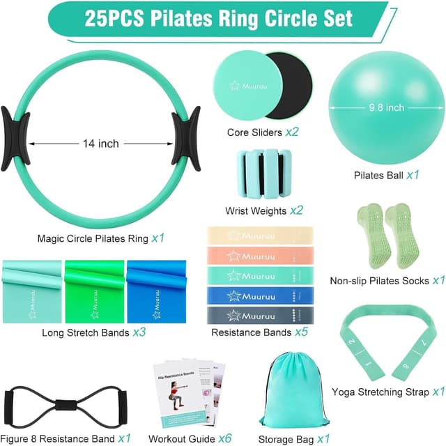 Detalle de Muuruu Pilates Equipment Kit for Home Workout (14" Magic Circle + Ball, Ring, Bands, Weights & Accessories)