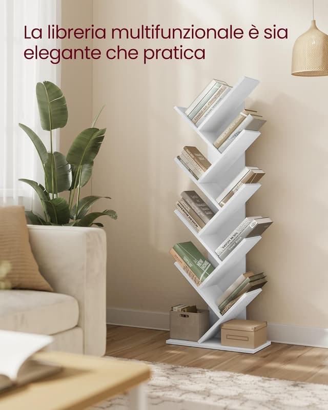 Detalle de VASAGLE Libreria verticale ad albero a 9 ripiani LBC11WTV1 bianco nuvola, salvaspazio per camera e studio