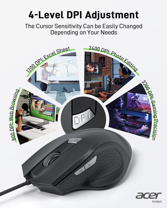 Detalle de Acer kabelgebundene PC-Maus mit 3200 DPI, 4 DPI-Stufen und 6 Tasten – Plug & Play per USB-Kabel (1,5 m)
