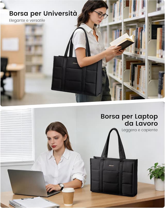 Detalle 2 de LOVEVOOK Borsa Donna grande imbottita con scomparto per laptop fino a 17”, tote shopper da lavoro e università