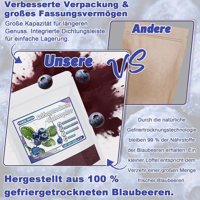 Detalle de Heidelbeerpulver (220 g) aus gefriergetrockneten Wildheidelbeeren – ohne Zusatzstoffe