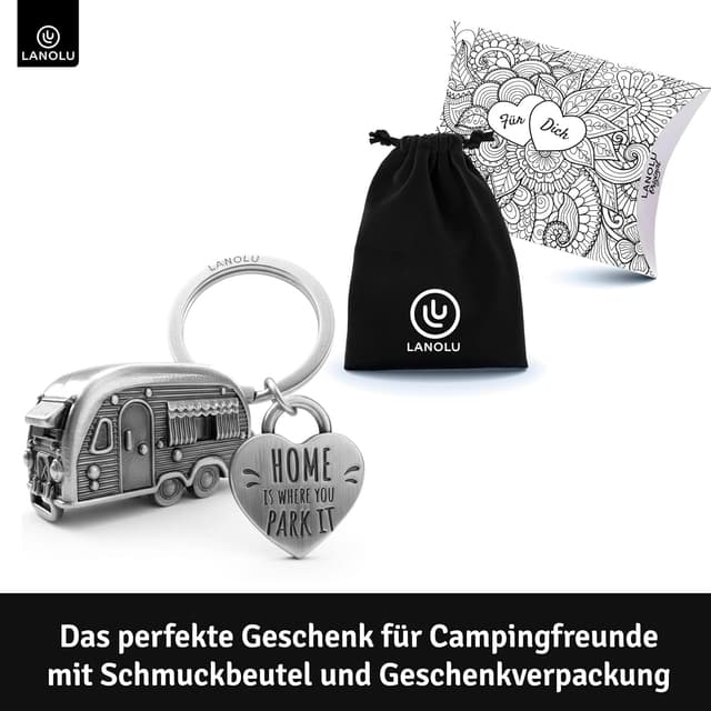 Detalle de LANOLU portachiavi per roulotte in metallo, a forma di rimorchio da campeggio 3D con cuore “Home is where you Park it”
