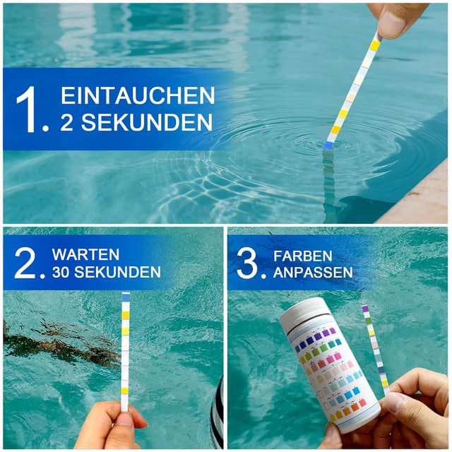 Detalle de Joyzakzak 7-in-1 Pool-Teststreifen: pH & Chlor/Cyanursäure für Pool und Whirlpool (100 Stäbchen)