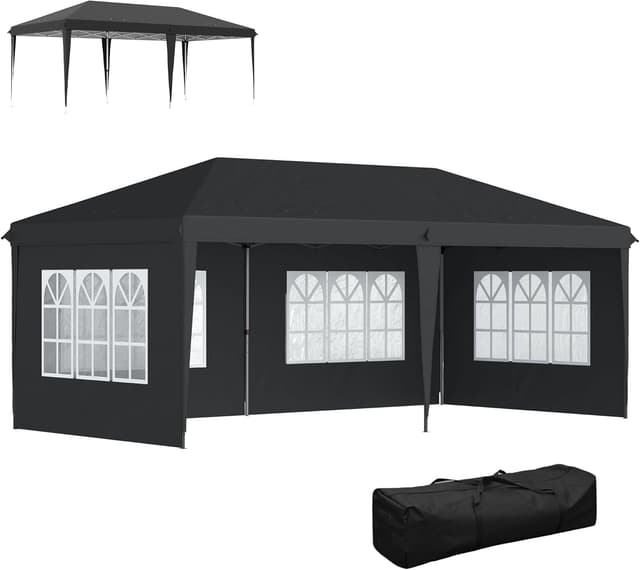 Detalle de Outsunny tonnelle de jardin pop-up pliante 3 x 6 m avec 3 côtés démontables et fenêtres transparentes