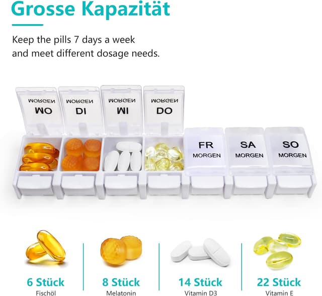 Detalle 2 de MOLN HYMY Medikamentenbox für 7 Tage mit 2 Fächern (AM/PM), BPA-frei, 14 Fächer, Druckknopfdeckel in Schwarz/Weiß