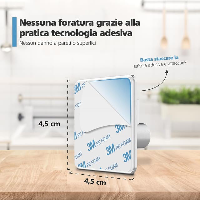 Detalle de Virea set di 4 ganci da parete auto-adesivi senza forare in acciaio inox (fino a 8 kg) per bagno e cucina