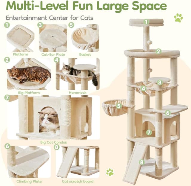 Detalle de Taoqimiao 183cm Large Cat Tree (MS045M) with Metal Hammock, 5 Scratching Posts & Spacious Platforms