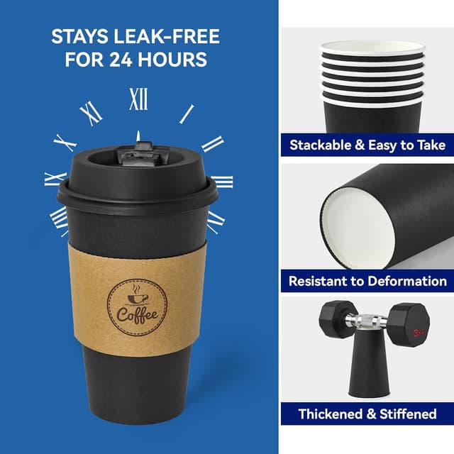 Detalle 2 de JOLLY CHEF 16 oz Disposable Black Hot Paper Coffee Cups (100-Pack) with Lids, Kraft Sleeves & Stirrers