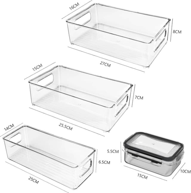 Detalle de Diwoker Kühlschrank Organizer stapelbar (8er Set) – transparente Aufbewahrungsboxen mit Griff