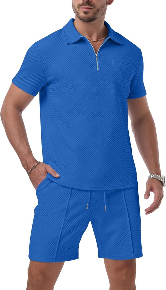 Thumbnail 6 de QIXING men’s shorts and T-shirt set with polo collar and half-zip (2-piece jacquard tracksuit)