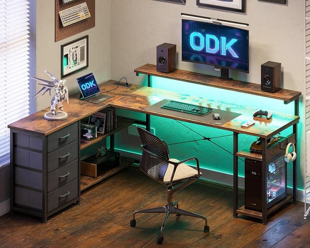 Detalle de ODK Corner Desk with Drawers (L-Shaped Gaming Desk) with LED Lights, Power Outlets and Reversible Layout