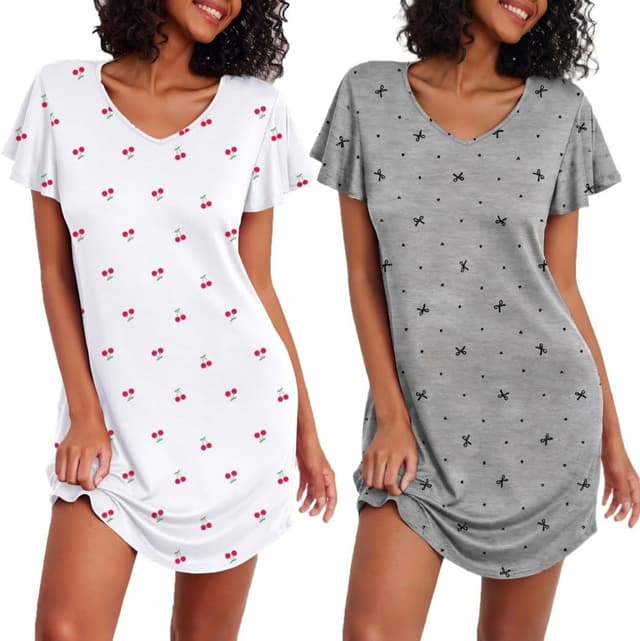 Thumbnail 6 de Ekouaer Damen Nachthemden Kurzarm (2er-Set) – Sleepshirt mit Print, V-Ausschnitt, S–XXL