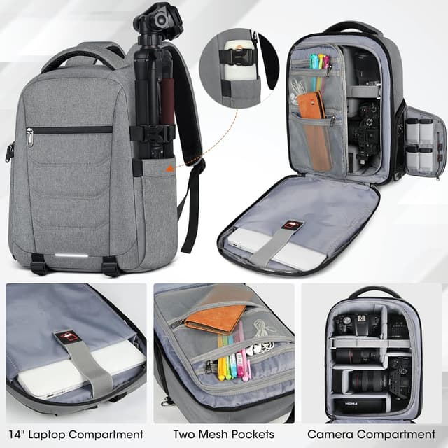 Thumbnail 6 de RAINSMORE Professional Camera Backpack with raincover and 14-inch laptop compartment (Grey)
