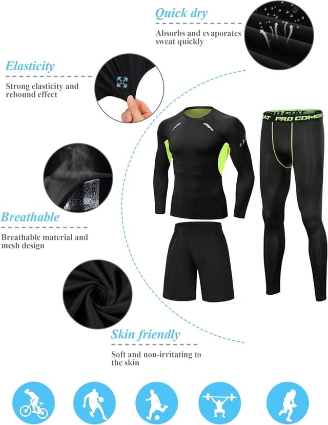 Detalle de Ensemble compression homme Terecey (3 pièces) : t-shirt manches longues + legging + shorts de sport