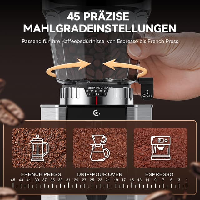 Detalle 2 de AMZCHEF Elektrische Kaffeemühle mit 45 Mahlgraden für Siebträger (LED-Touch, höhenverstellbarer Stand, Speicherfunktion)