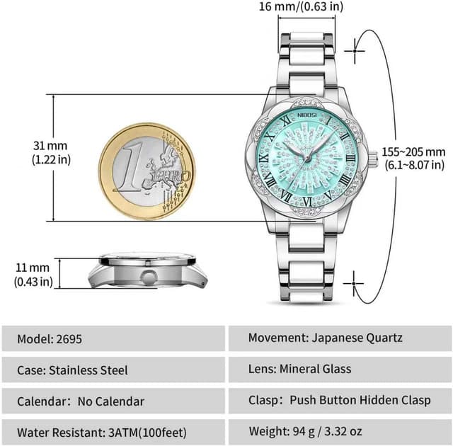 Detalle de NIBOSI Orologio da donna analogico al quarzo con quadrante diamantato e lunetta in stile classico