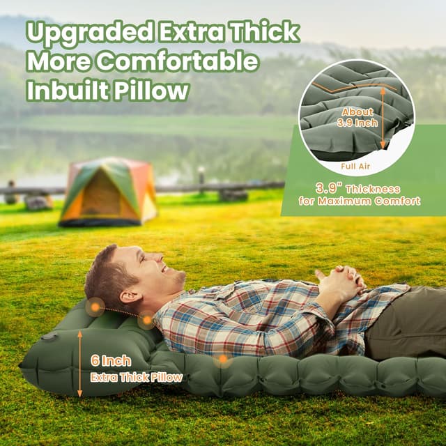 Detalle 2 de ROPOODA Camping Mattress self-inflating sleeping mat with built-in foot pump and pillow, grey (77'' x 27'' x 3.9'')