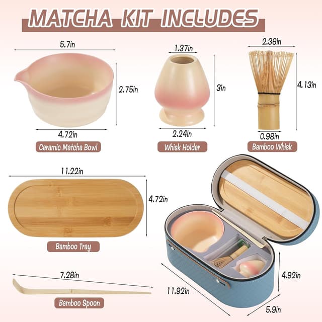 Detalle de Japanisches Matcha Tee Set in Rosa (5-teilig) mit Bambustablett, Besen und Schale