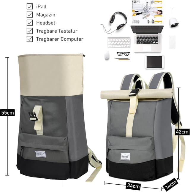 Detalle de CALIYO Rolltop Rucksack Damen groß mit Laptopfach – wasserdichter Backpack für Schule, Studium & Reisen