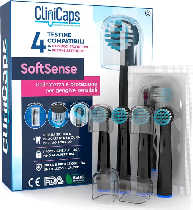 Detalle de CliniCaps SoftSense: 4 testine morbide per spazzolino elettrico compatibile Oral-B, nere