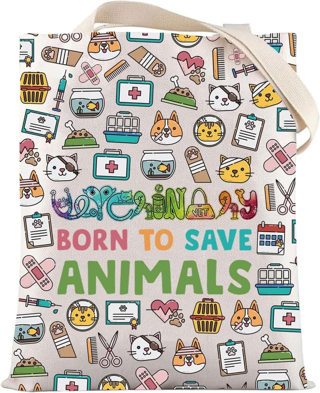 Detalle de LEVLO Veterinarian Cosmetic Bag – cotton canvas zip pouch with “Born to Save Animals” print