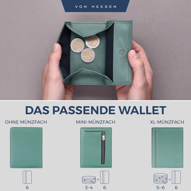Detalle 2 de VON HEESEN Leder-Geldbörse mit XL-Münzfach & RFID-Schutz in Türkis