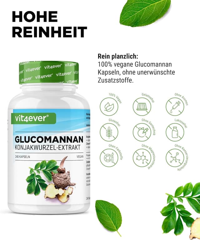 Detalle de Vit4ever Glucomannan aus der Konjak-Wurzel – 240 Kapseln, hochdosiert (4200 mg/Tag) & Chrom (vegan)