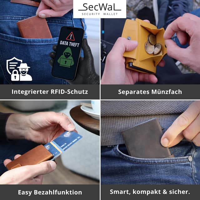Detalle 2 de SecWal Kartenetui mit Münzfach und Druckknopf – echtes Leder mit RFID-Schutz (Made in Germany)