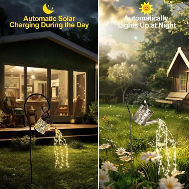 Detalle de ZKLiLi solar watering can with cascading lights – waterproof hanging garden lantern