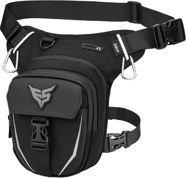 Detalle de Eshow Beintasche Motorrad – erweiterbare Oberschenkeltasche mit verstellbarem Beinriemen, 2 Karabinern und Reflexstreifen