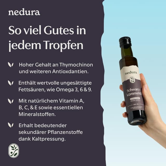 Detalle de nedura® Schwarzkümmelöl extra aktiv (ungefiltert) 100 ml – kaltgepresst aus äthiopischem Schwarzkümmel mit 2,1 % Thymochinongehalt