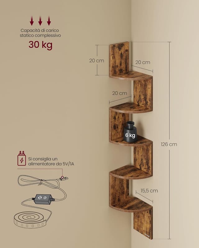 Detalle de VASAGLE LBC630K01 Mensola angolare da parete con luci LED RGB, 5 ripiani e telecomando
