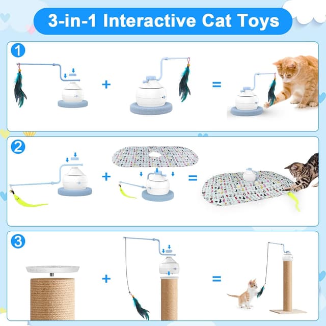 Detalle de Tyasoleil 3 in 1 Smart Interactive Cat Toys Motorised Wand Kit (Blue) for indoor cats