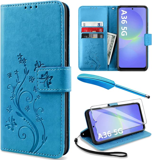 Detalle de YIRSUR Handyhülle für Samsung Galaxy A36 5G (Blau) mit Flip-Case, 3 Kartenfächern und Hartglas-Schutzfolie