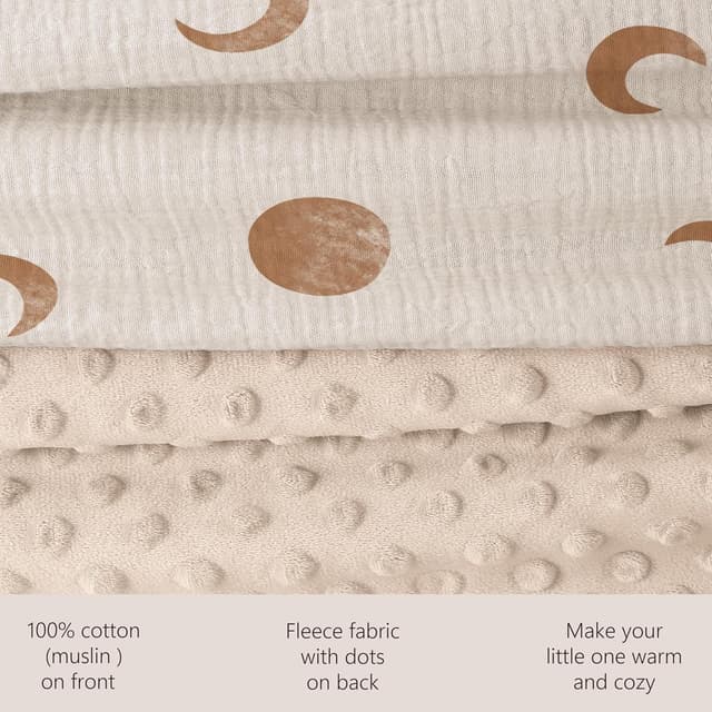 Detalle de Bearmoss Baby Blanket Soft Nursery Crib Blanket with Muslin Cotton Front and Dotted Fleece Back, 76x100cm (Brown Moon)