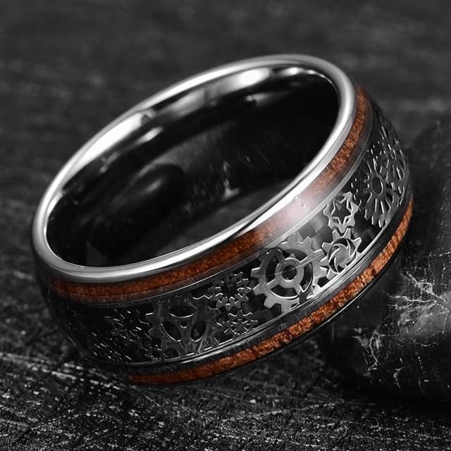 Detalle de TUNGSTORY Wolfram Ring Herren 10 mm Schwarz/Silber Steampunk Zahnräder – mit Holzoptik