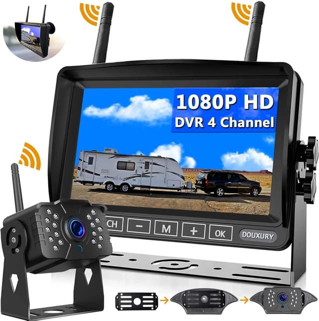 Detalle de DOUXURY RV Backup Camera Wireless System with 7" HD LCD Monitor, IP69 Waterproof 170° Camera + 4-Split Screen