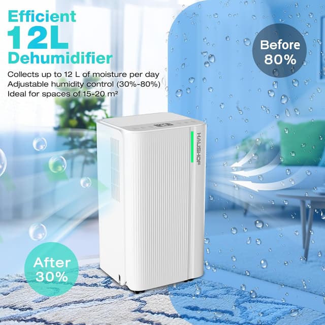 Detalle de HAUSHOF 12L/Day dehumidifier with air purification, digital humidity display and 24h timer