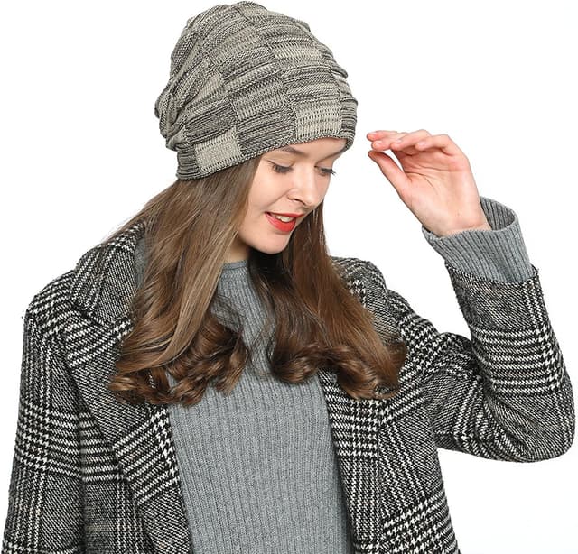 Detalle de DonDon Bonnet Femme d’hiver slouch en laine avec doublure polaire chaude