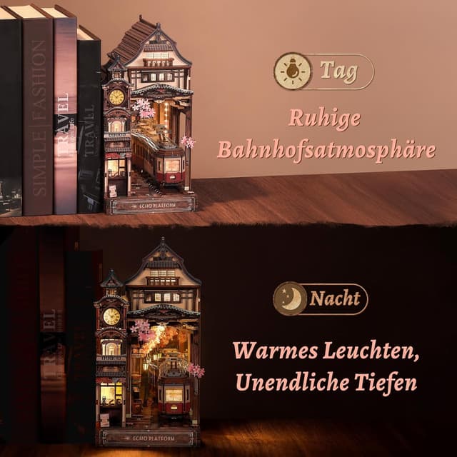 Detalle 2 de FUNPOLA Sakura Train Book Nook Kit – LED 3D Holzpuzzle mit Infinity-Spiegel (DIY-Bücherregal-Deko)