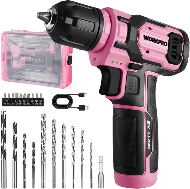 Detalle de WORKPRO cacciavite elettrico a batteria 8V (21 accessori) con velocità variabile e LED rosa