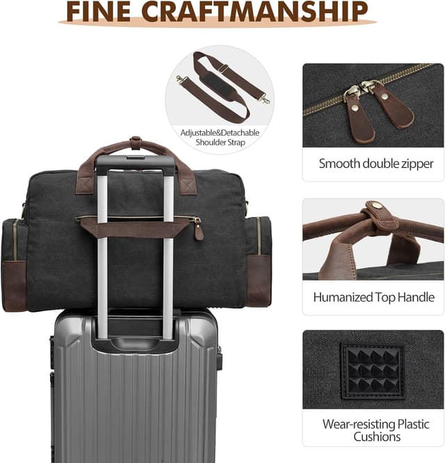 Detalle de S-Zone Unisex 56L Canvas Duffle Bag with Leather Trim – 2–4 Day Carry-On Weekender