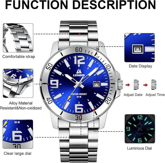 Detalle de LN LENQIN Herrenarmbanduhr aus Edelstahl mit Quarzwerk, analogem Zifferblatt und Datumsanzeige (3 ATM)