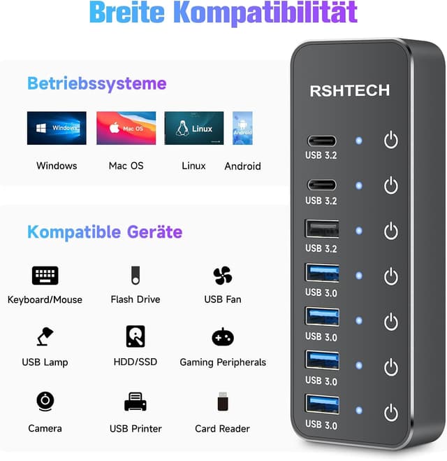 Thumbnail 6 de RSHTECH RSH-ST07C USB-C 3.2 Hub Aktiv mit Netzteil (7 Ports, 10Gbps/5Gbps, Touch-Schalter)