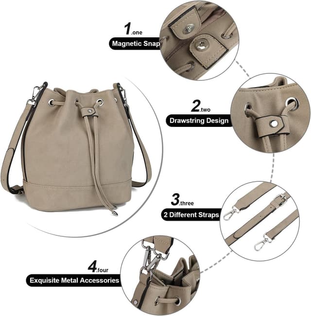 Detalle de AFKOMST bucket bag for women with drawstring closure and 2 straps