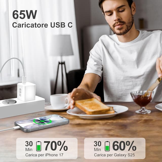 Detalle de YISH 65W Caricatore USB-C GaN PD3.0 con cavo USB-C da 1 m (60W)